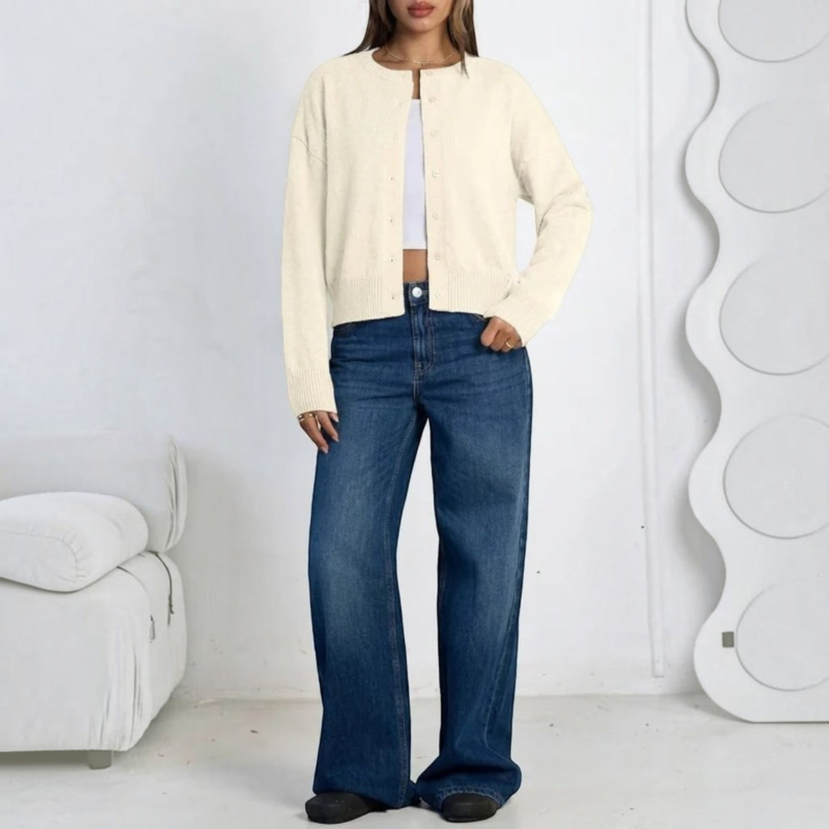 Womens Cropped Button Down Cardigan - Lightweight Knit Sweater
