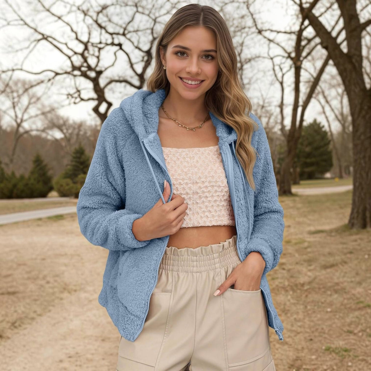 Womens Sherpa Faux Fur Jacket, Hooded Fleece Short Coat, Warm Winter Outerwear