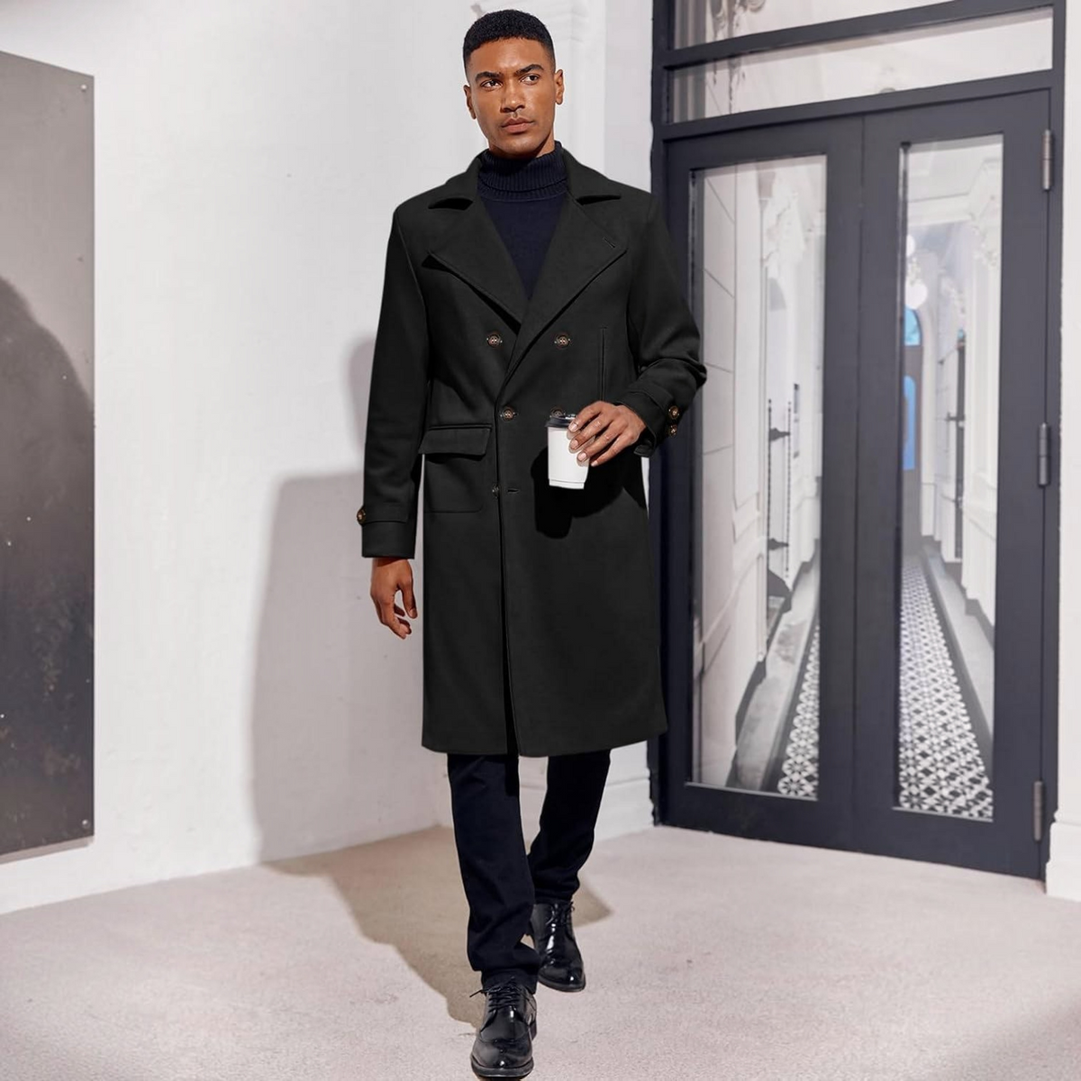 Mens Trench Coat, Double Breasted Peacoat, Notch Lapel Casual Winter Coat