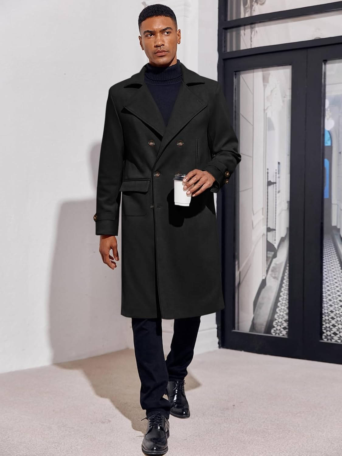 Mens Trench Coat, Double Breasted Peacoat, Notch Lapel Casual Winter Coat