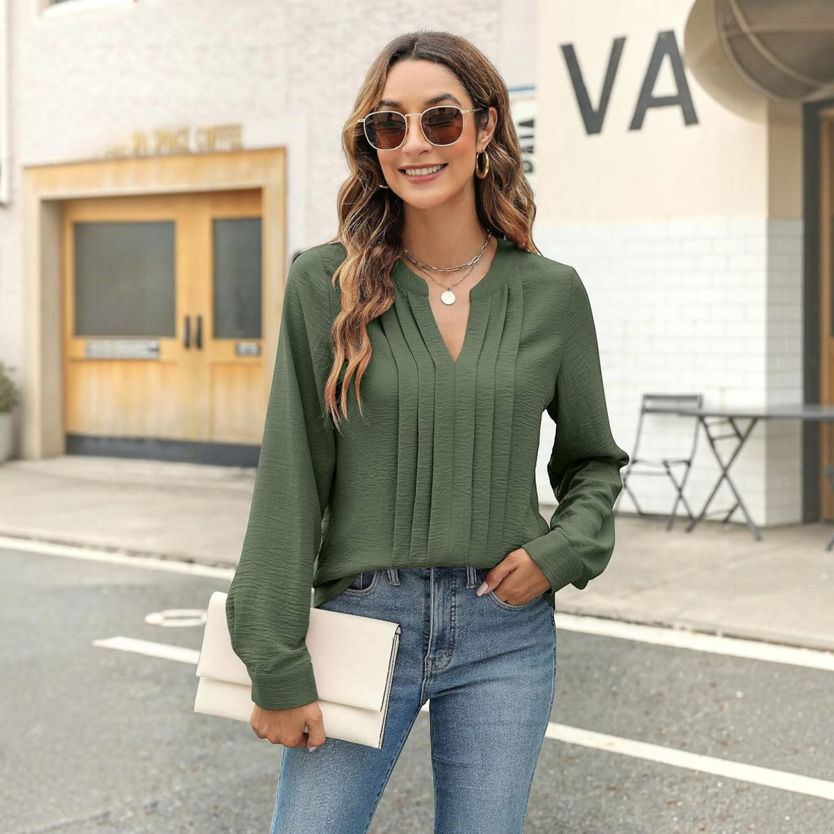 Womens Long Sleeve V-Neck Pleated Blouse - Business Casual Work Top