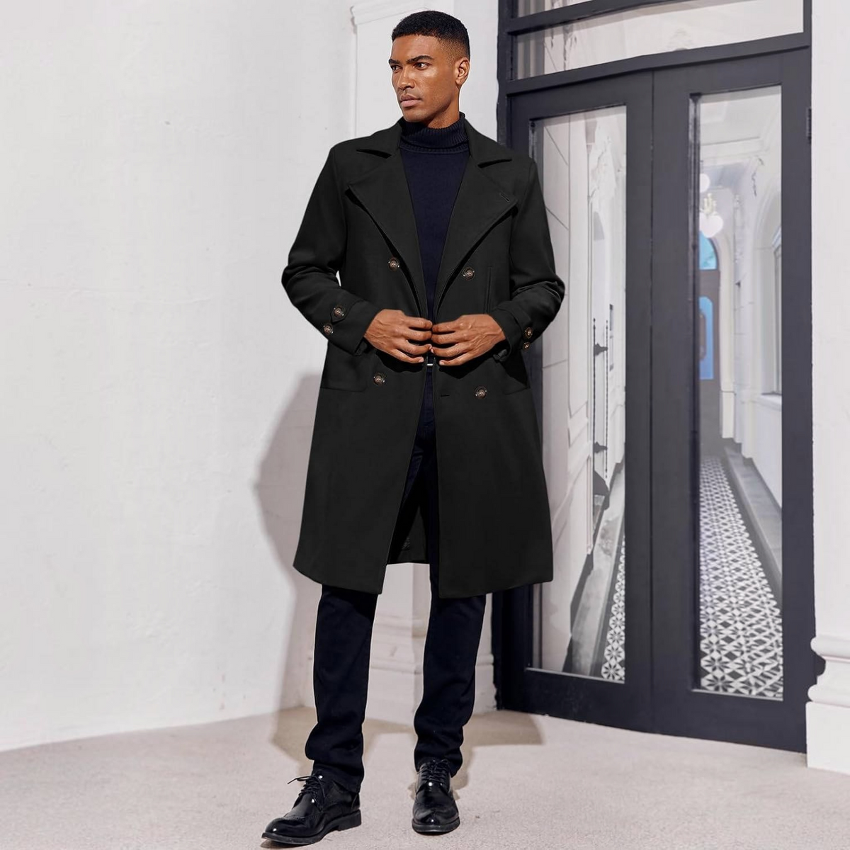 Mens Trench Coat, Double Breasted Peacoat, Notch Lapel Casual Winter Coat