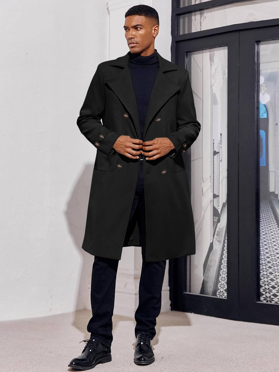 Mens Trench Coat, Double Breasted Peacoat, Notch Lapel Casual Winter Coat