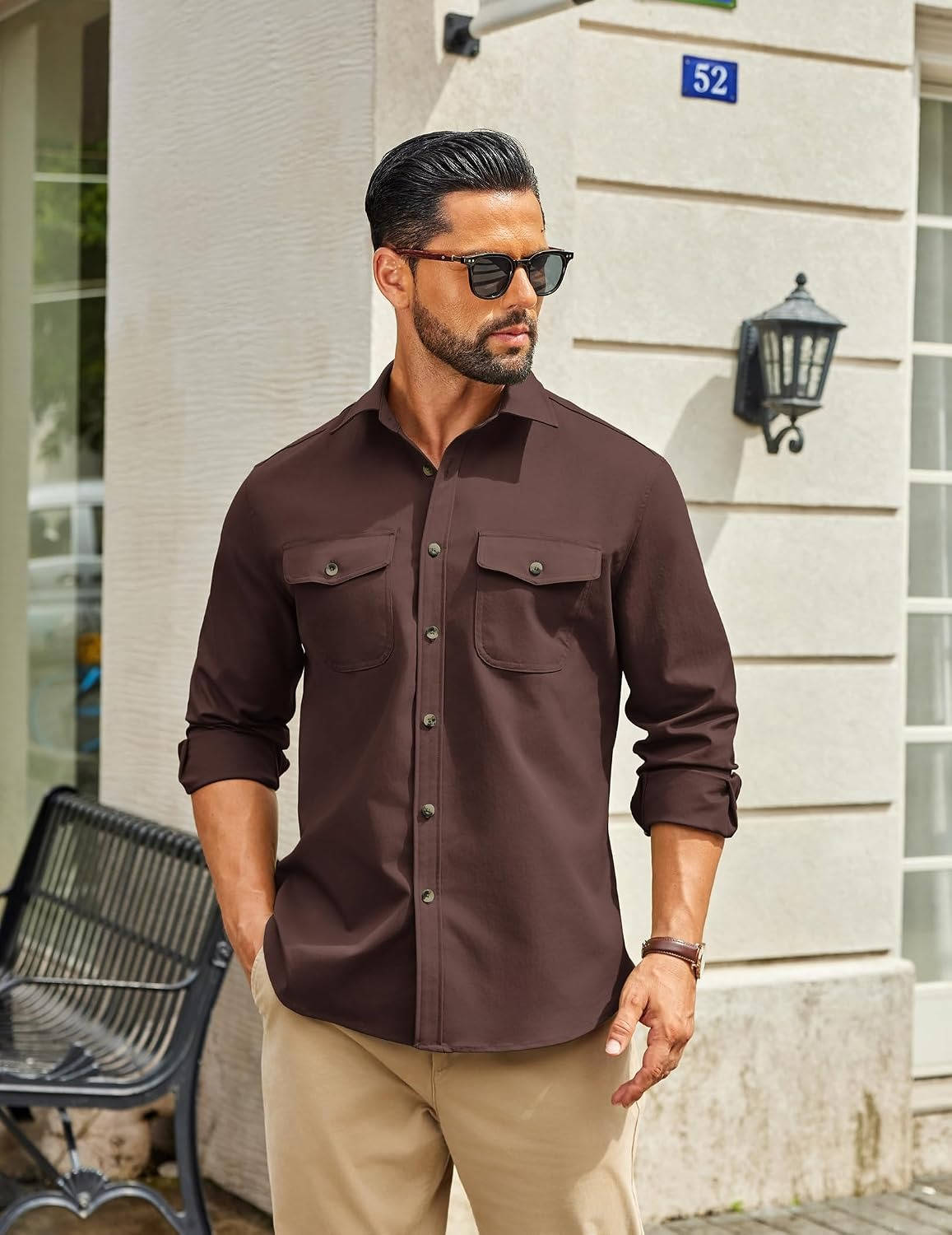 Mens Long Sleeve Button Down Work Shirt, Casual Workwear Shirt with Flap Pockets