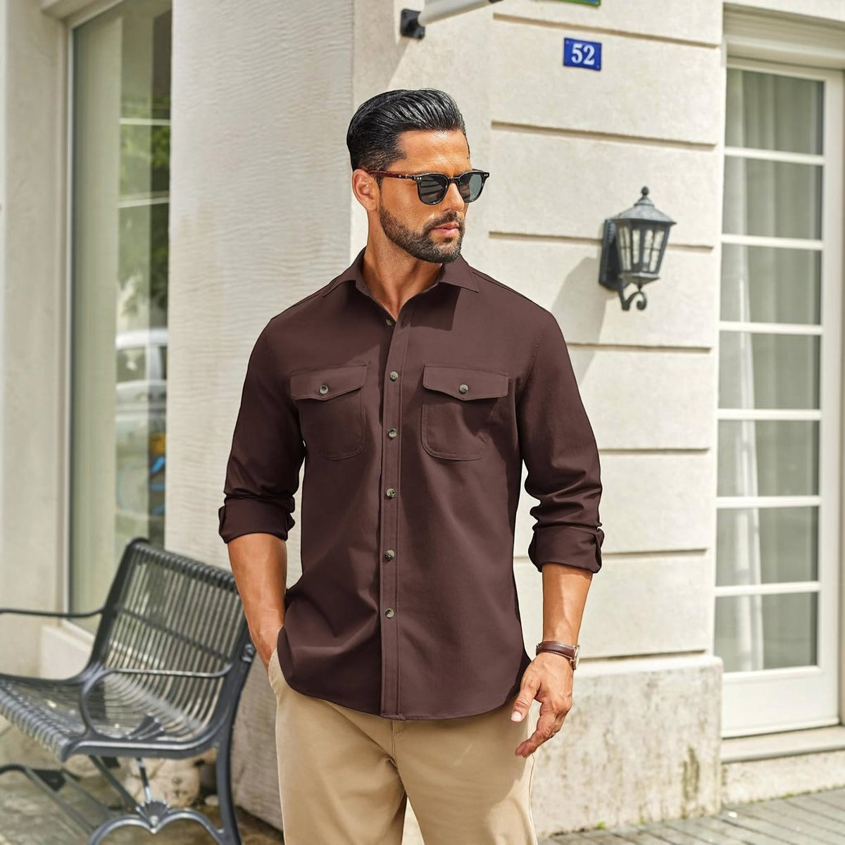 Mens Long Sleeve Button Down Work Shirt, Casual Workwear Shirt with Flap Pockets