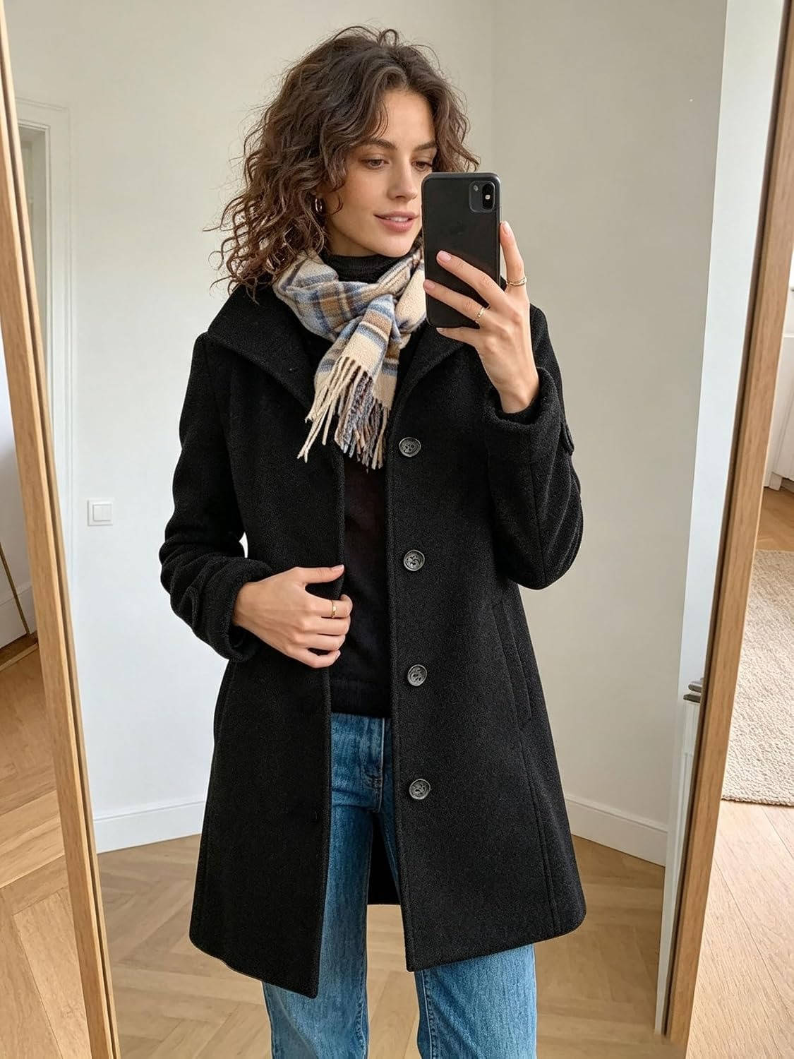 Women's Wool Blend Pea Coat, Thick Stand Collar, Single Breasted Winter Jacket