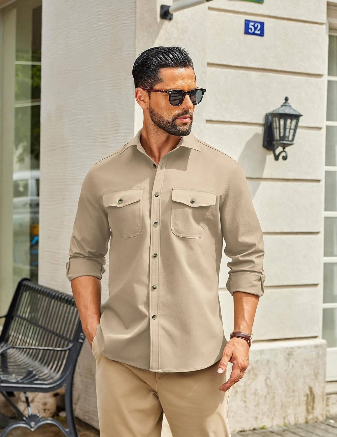 Mens Long Sleeve Button Down Work Shirt, Casual Workwear Shirt with Flap Pockets