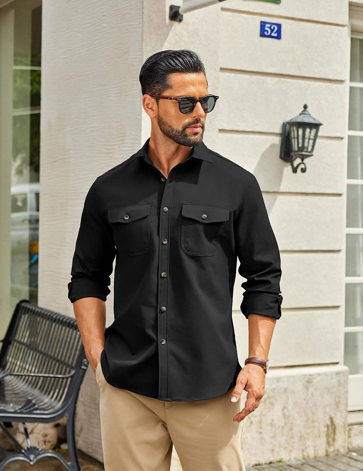 Mens Long Sleeve Button Down Work Shirt, Casual Workwear Shirt with Flap Pockets