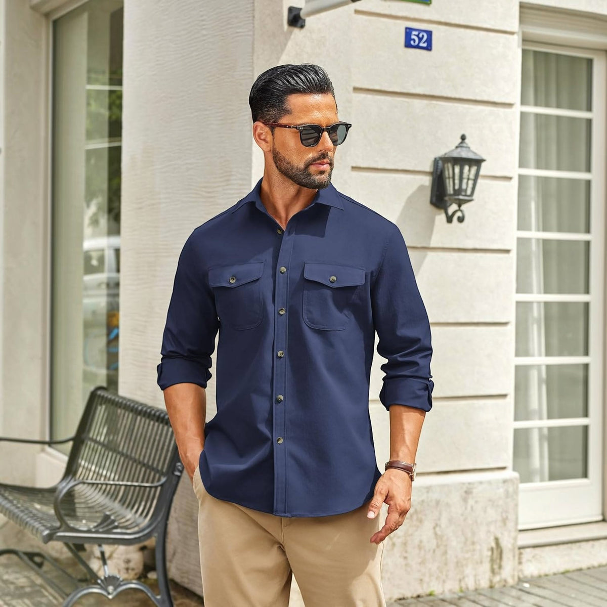 Mens Long Sleeve Button Down Work Shirt, Casual Workwear Shirt with Flap Pockets