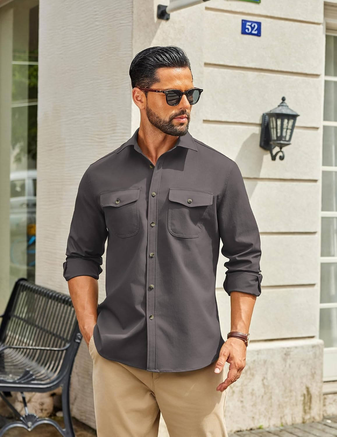 Mens Long Sleeve Button Down Work Shirt, Casual Workwear Shirt with Flap Pockets