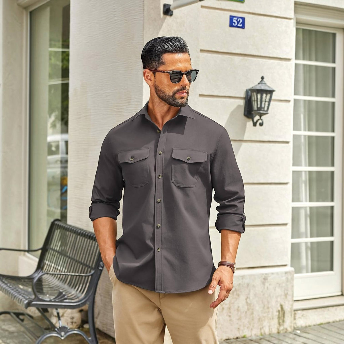 Mens Long Sleeve Button Down Work Shirt, Casual Workwear Shirt with Flap Pockets