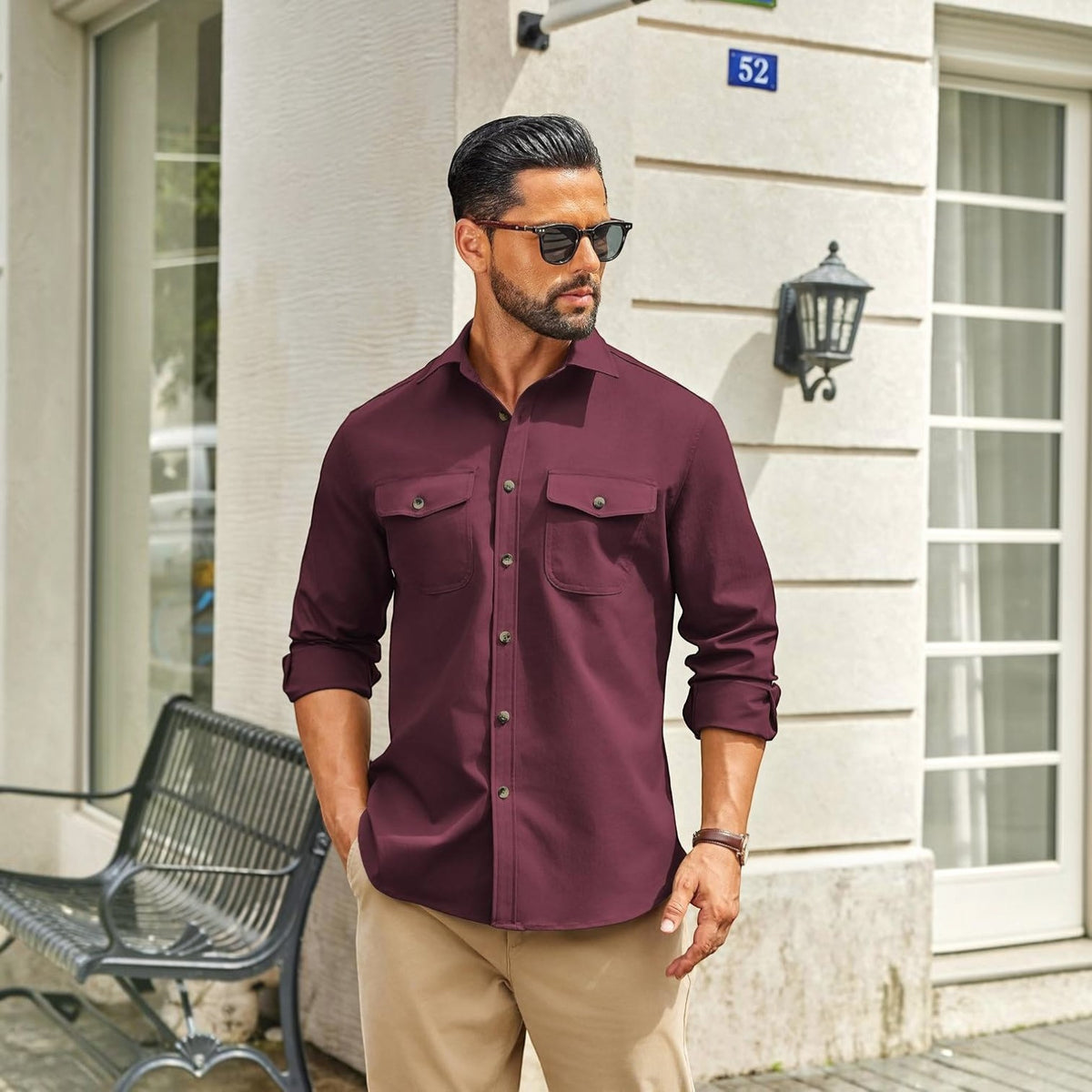 Mens Long Sleeve Button Down Work Shirt, Casual Workwear Shirt with Flap Pockets