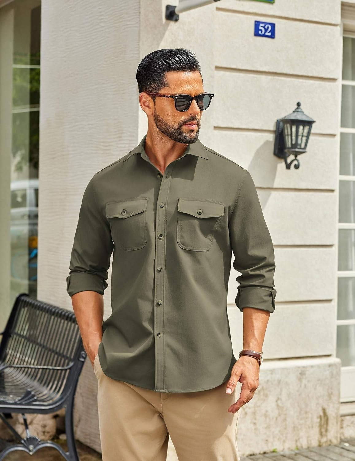 Mens Long Sleeve Button Down Work Shirt, Casual Workwear Shirt with Flap Pockets