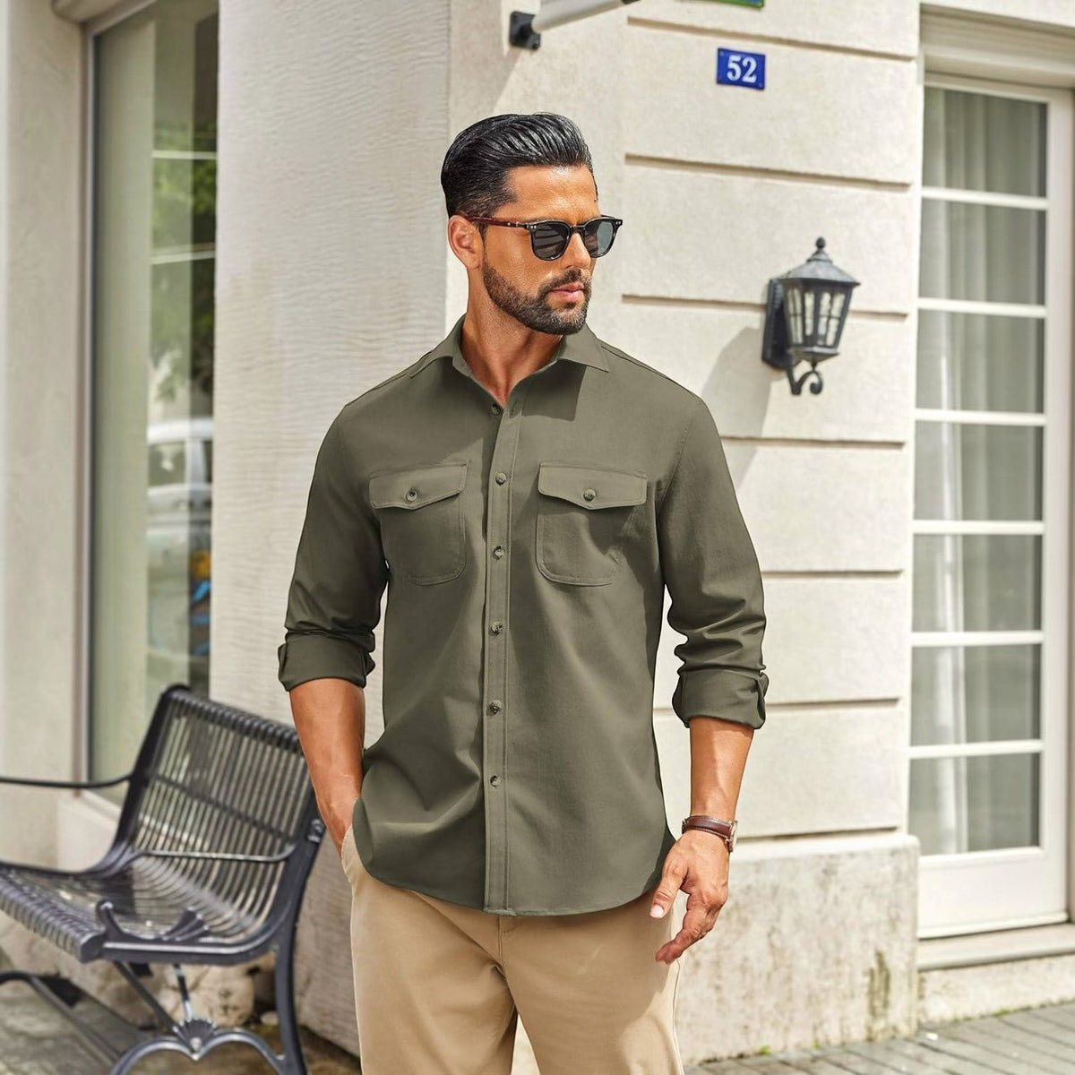 Mens Long Sleeve Button Down Work Shirt, Casual Workwear Shirt with Flap Pockets