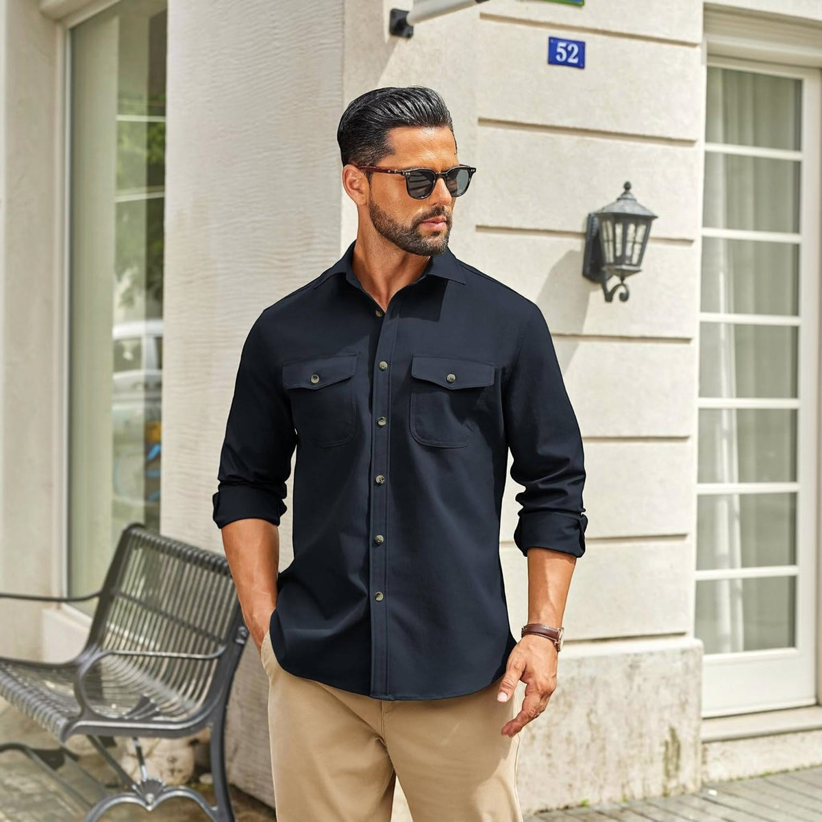 Mens Long Sleeve Button Down Work Shirt, Casual Workwear Shirt with Flap Pockets