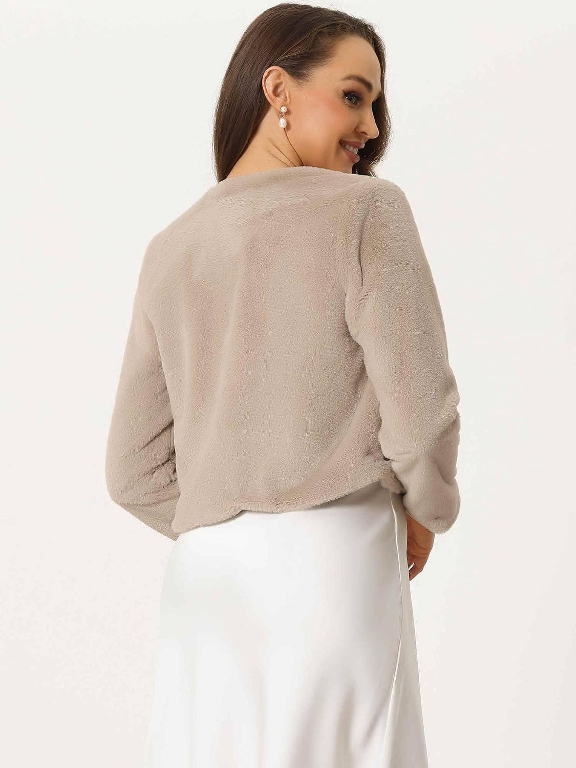 Womens Cropped Faux Fur Jacket, Long Sleeve Wedding Bolero Coat