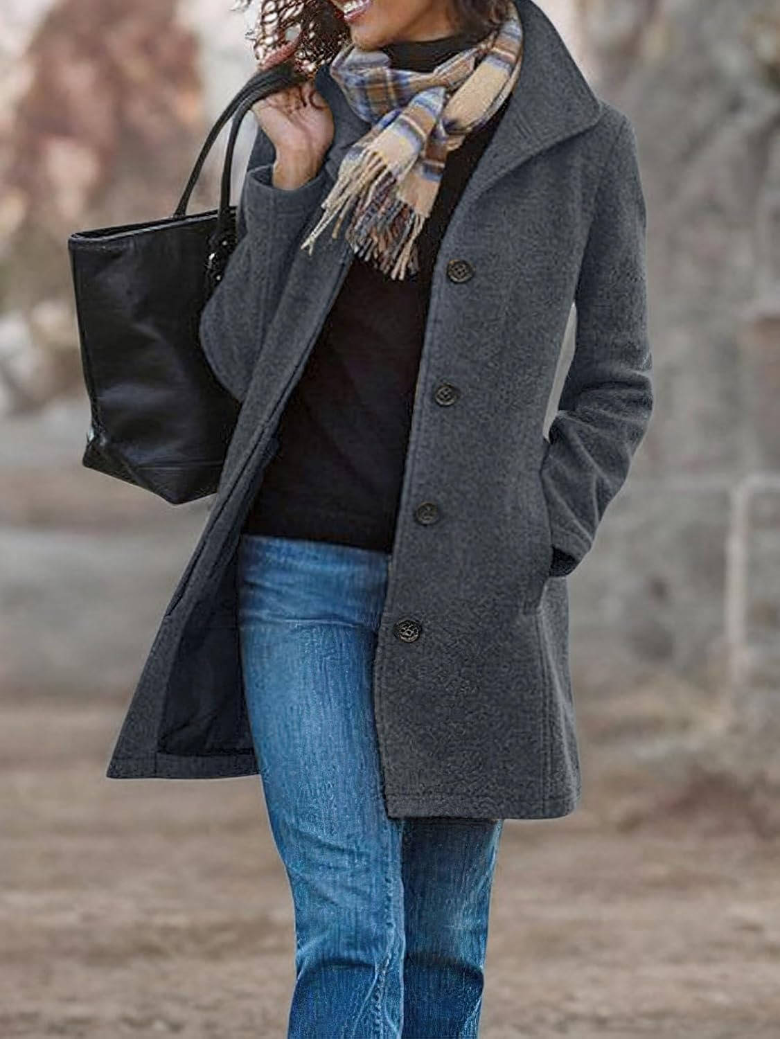Women's Wool Blend Pea Coat, Thick Stand Collar, Single Breasted Winter Jacket