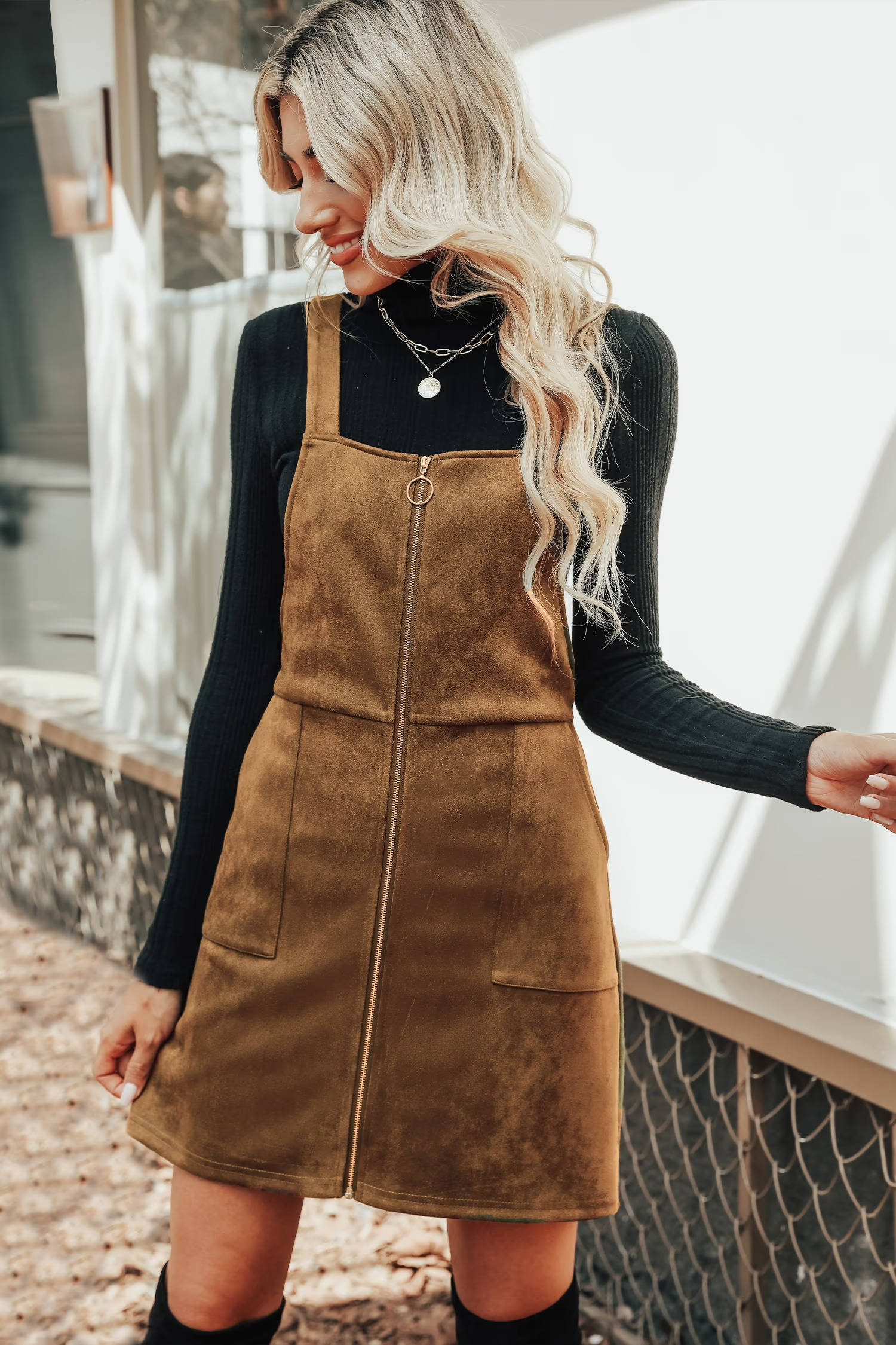 Womens Faux Suede Mini Fall Dress, Square Neck Wide Strap Casual Autumn Dress with Front Pockets