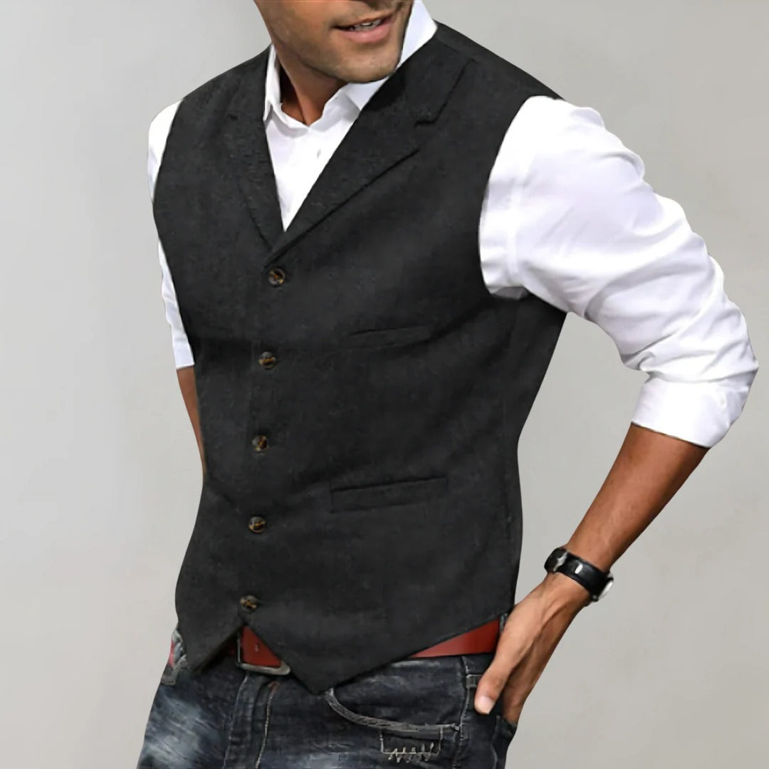 Herringbone Weave Vest with V Neck and Adjustable Back Strap, Slim Fit