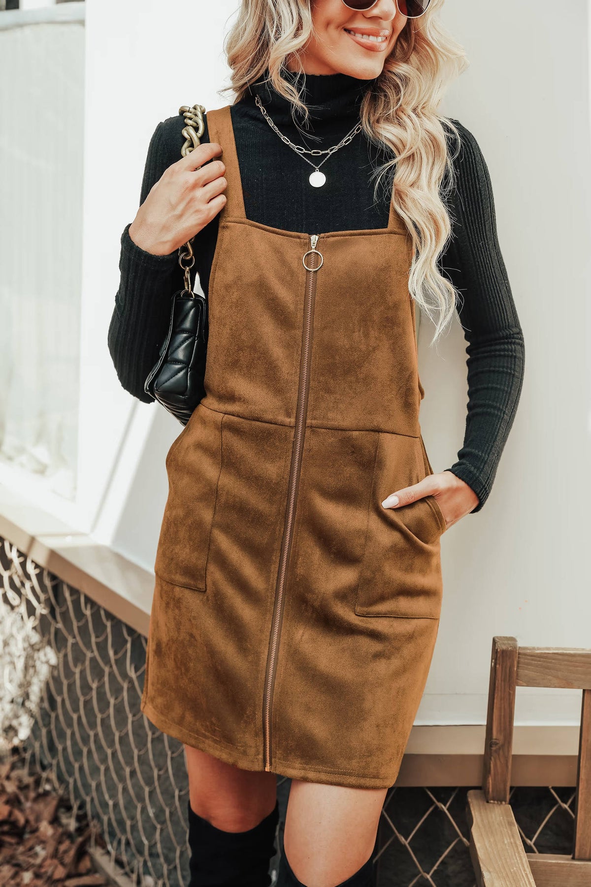 Womens Faux Suede Mini Fall Dress, Square Neck Wide Strap Casual Autumn Dress with Front Pockets