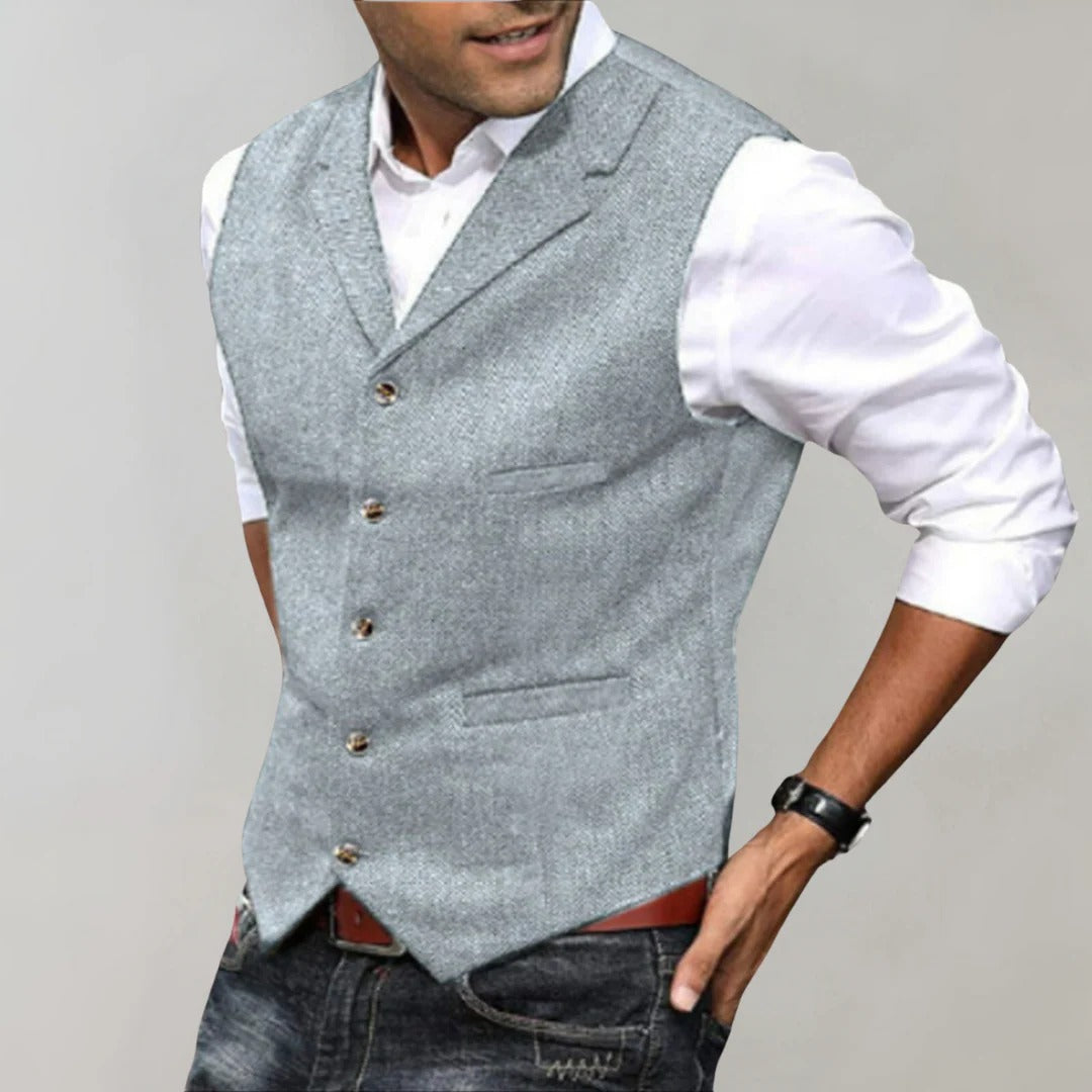 Herringbone Weave Vest with V Neck and Adjustable Back Strap, Slim Fit
