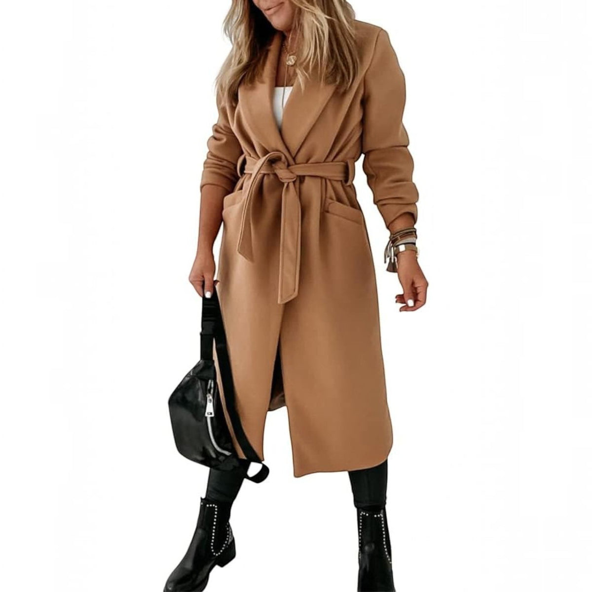 Womens Classic Long Coat, Lapel Collar Open Front Belted Jacket for Fall Winter
