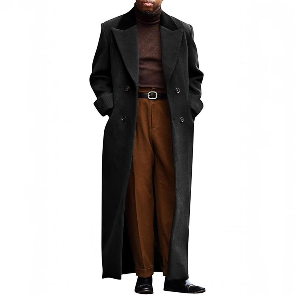 Mens Long Trench Coat, Full Length Double Breasted Overcoat, Classic Winter Coat