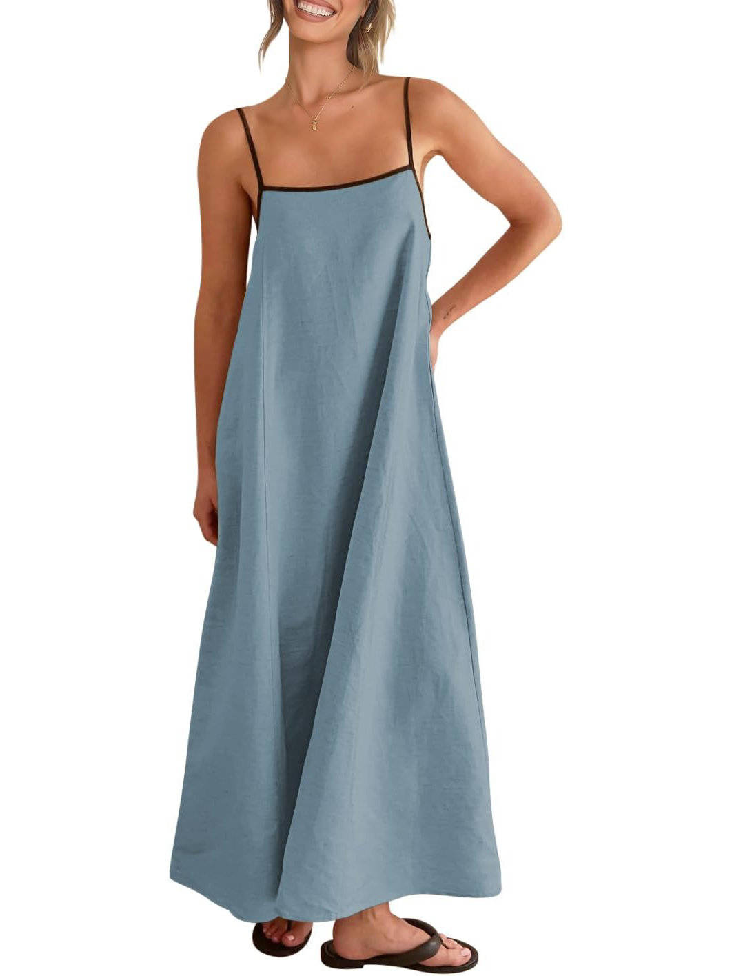 Womens Linen Maxi Dress, Contrast Spaghetti Strap Backless Summer Beach Dress