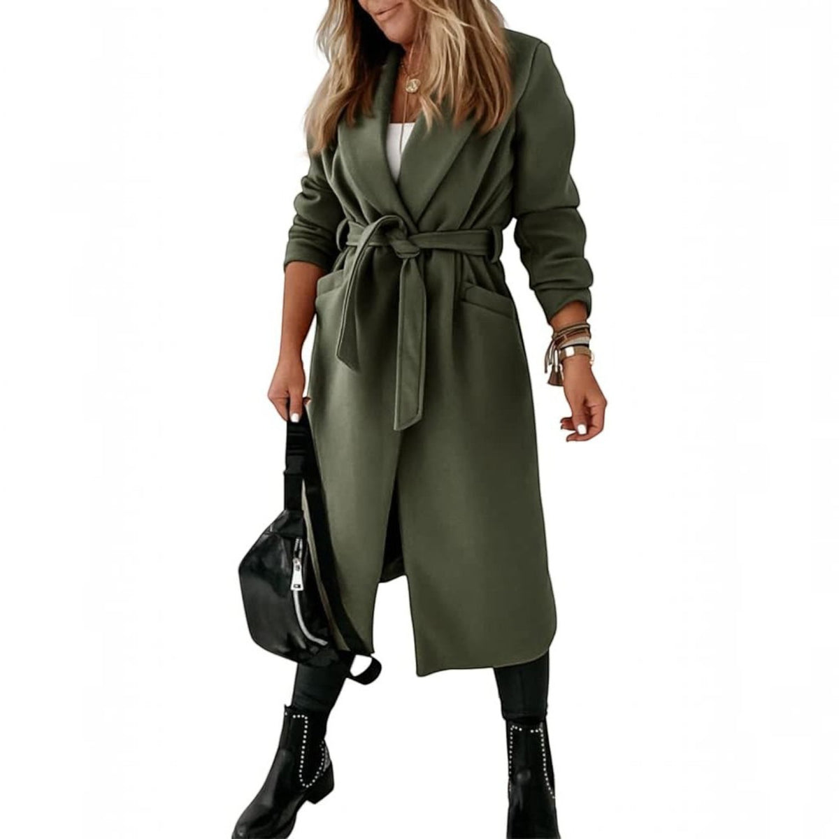 Womens Classic Long Coat, Lapel Collar Open Front Belted Jacket for Fall Winter