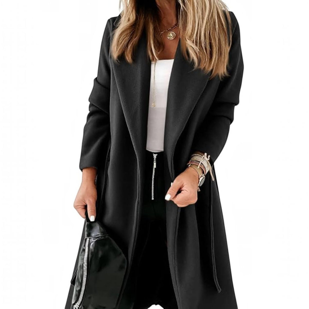 Womens Classic Long Coat, Lapel Collar Open Front Belted Jacket for Fall Winter