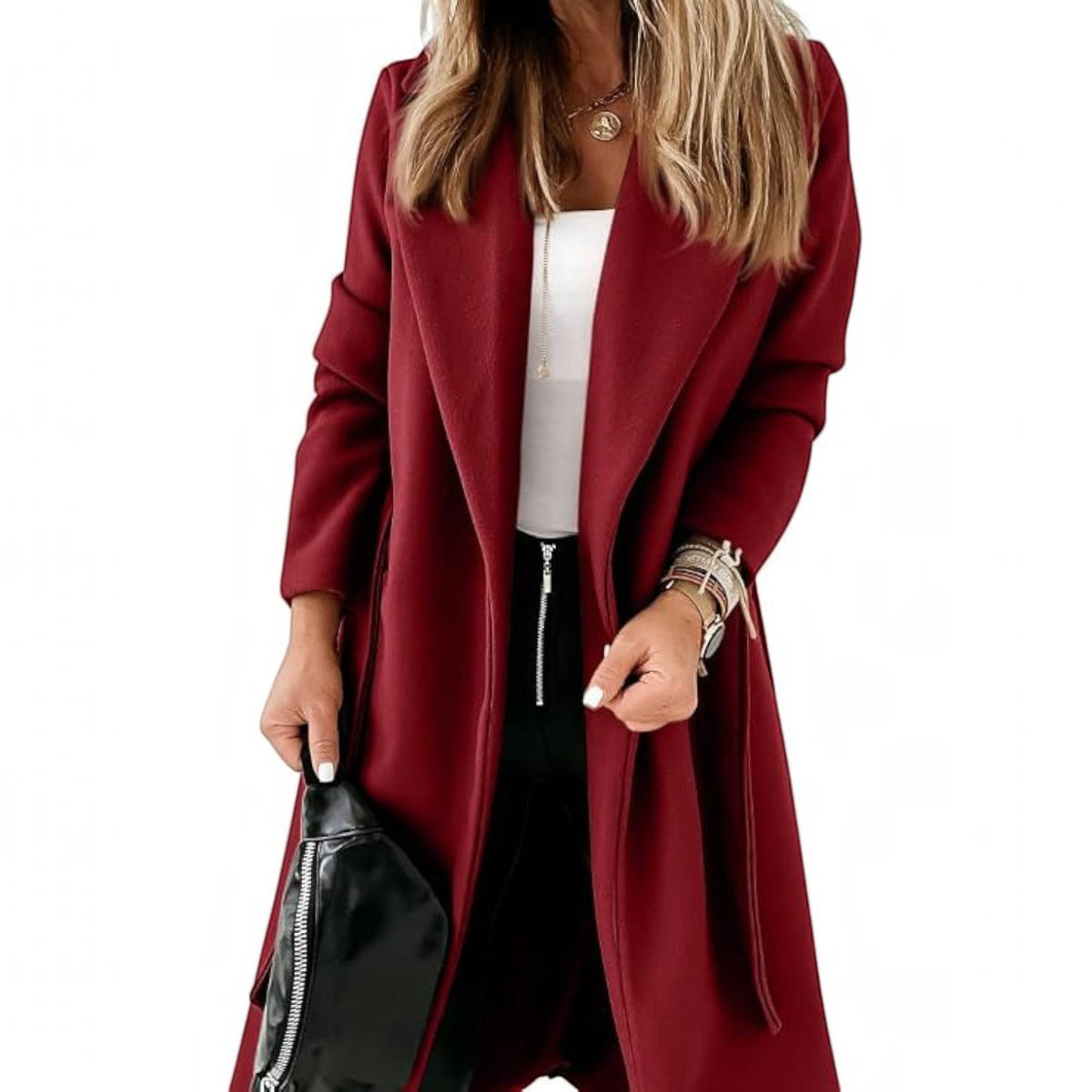 Womens Classic Long Coat, Lapel Collar Open Front Belted Jacket for Fall Winter