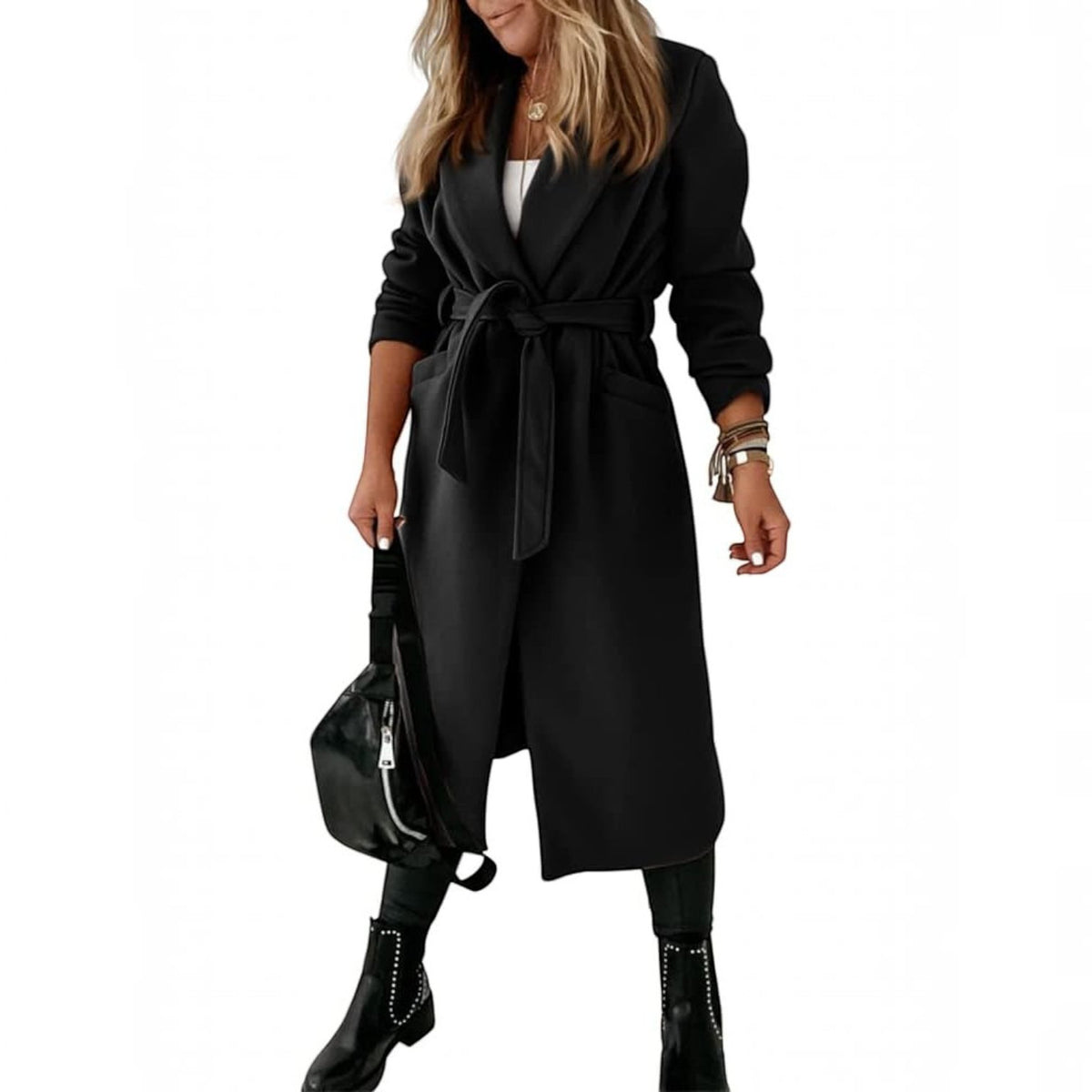 Womens Classic Long Coat, Lapel Collar Open Front Belted Jacket for Fall Winter