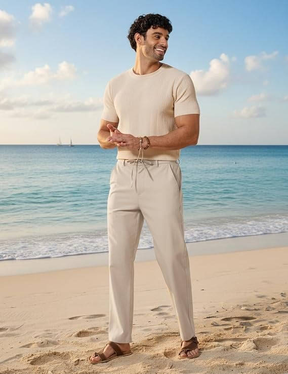 Mens Cotton Linen Pants, Relaxed Fit Drawstring Beach Summer Dress Trousers