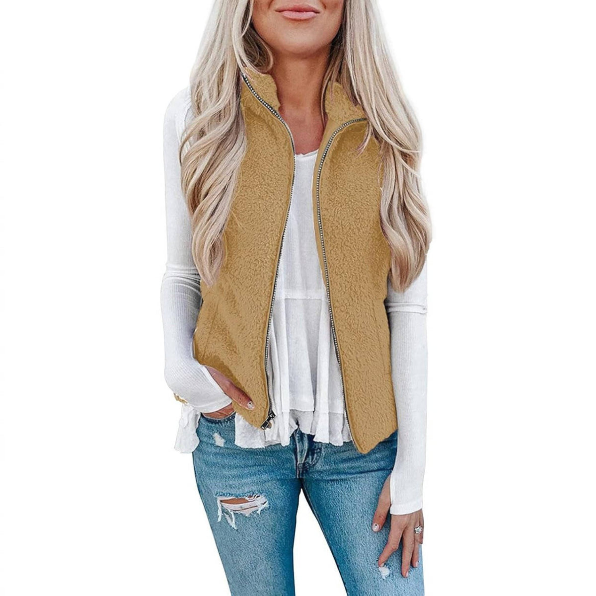 Womens Sherpa Fleece Vest, Fuzzy Lightweight Sleeveless Zipper Jacket with Pockets