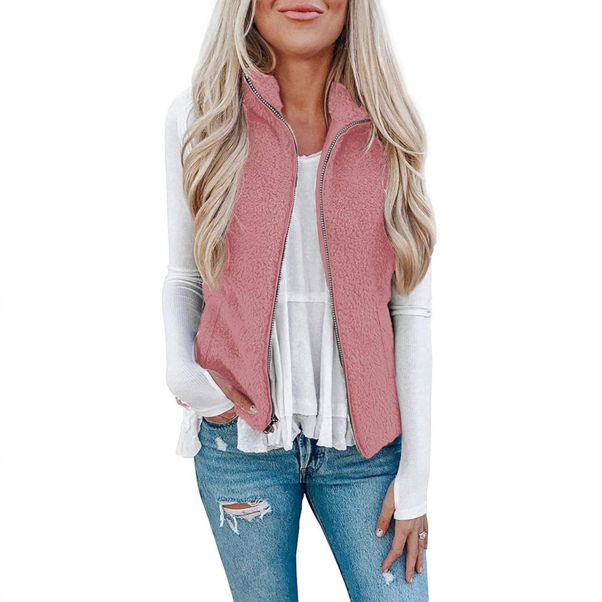 Womens Sherpa Fleece Vest, Fuzzy Lightweight Sleeveless Zipper Jacket with Pockets