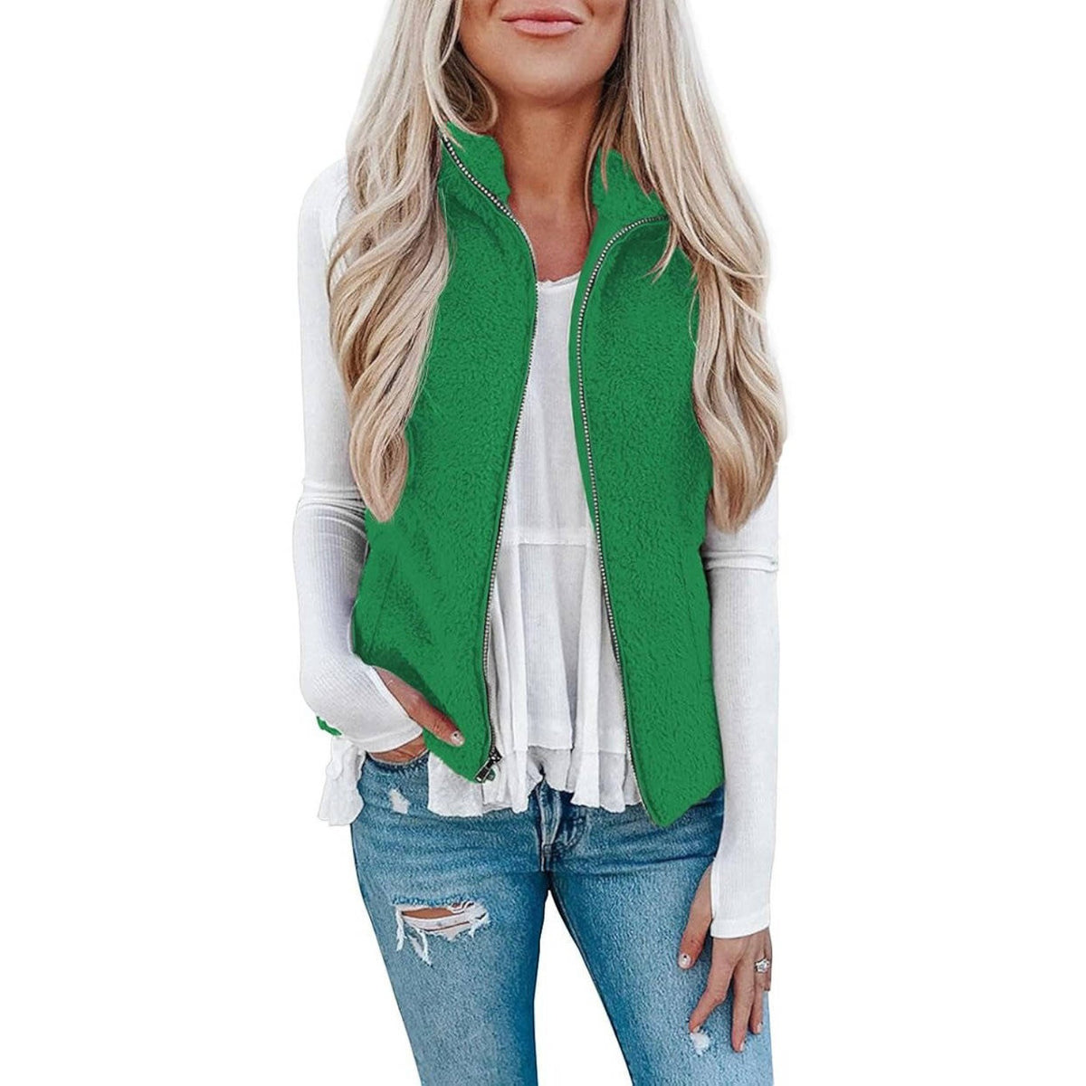 Womens Sherpa Fleece Vest, Fuzzy Lightweight Sleeveless Zipper Jacket with Pockets