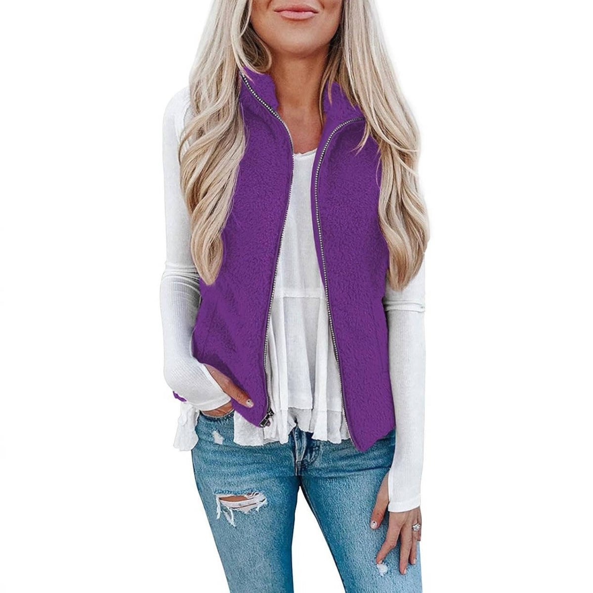 Womens Sherpa Fleece Vest, Fuzzy Lightweight Sleeveless Zipper Jacket with Pockets