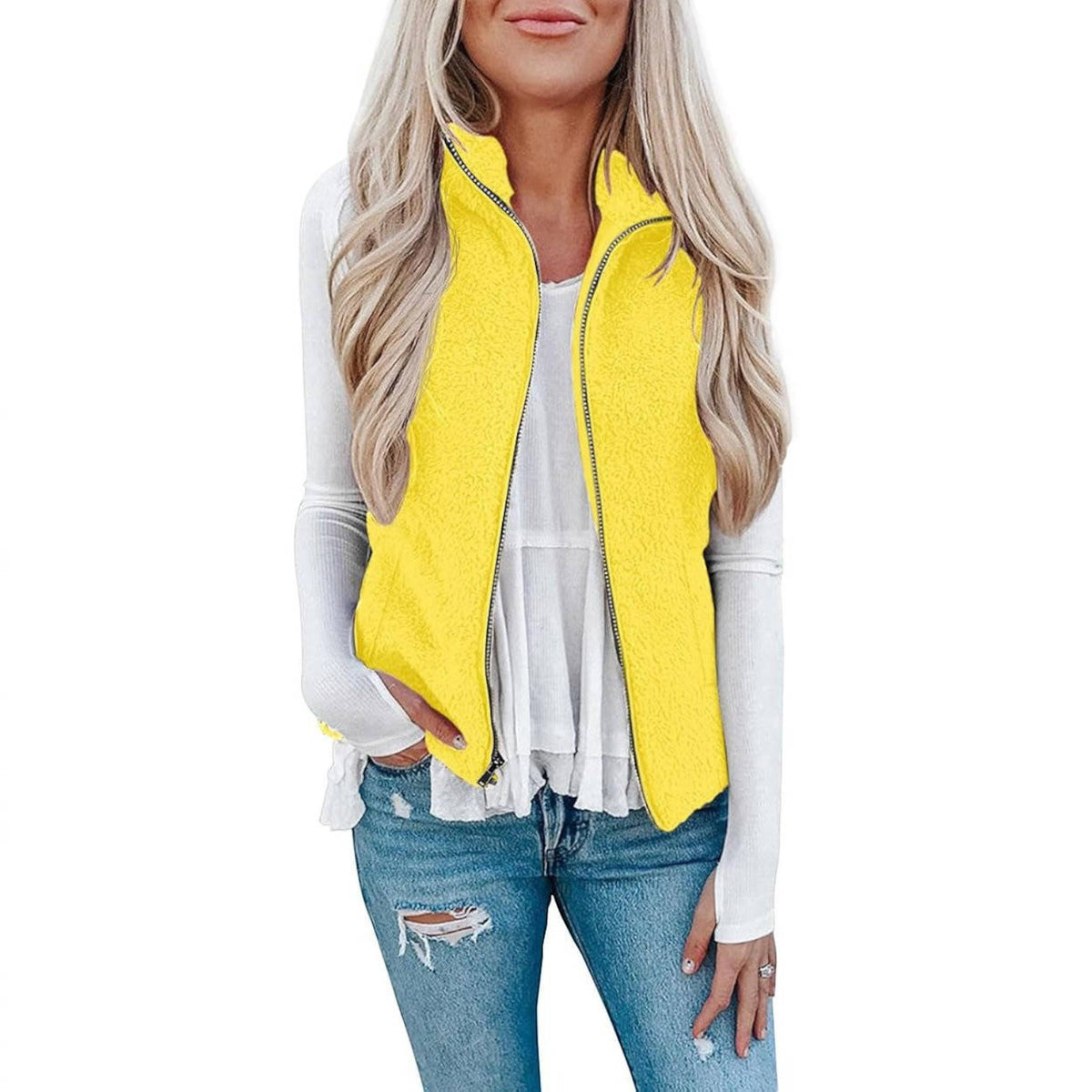 Womens Sherpa Fleece Vest, Fuzzy Lightweight Sleeveless Zipper Jacket with Pockets