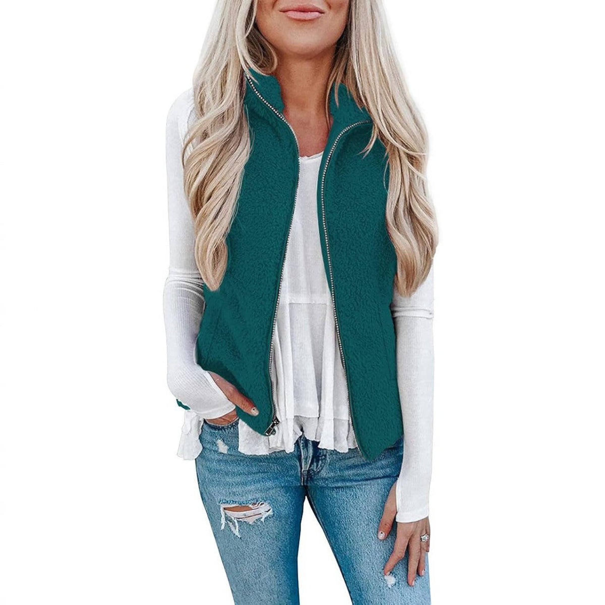 Womens Sherpa Fleece Vest, Fuzzy Lightweight Sleeveless Zipper Jacket with Pockets