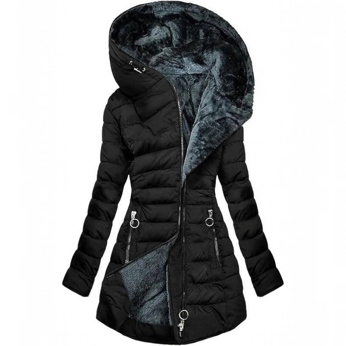 Womens Fur Hooded Puffer Coat, Long Quilted Winter Jacket, Warm Insulated Winter Outerwear