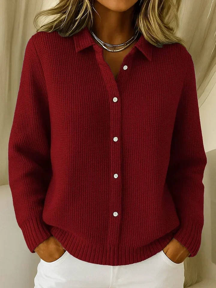 Womens Waffle Knit Sweater, Long Sleeve Collared Button Down Cardigan, Casual Loose Fit Top