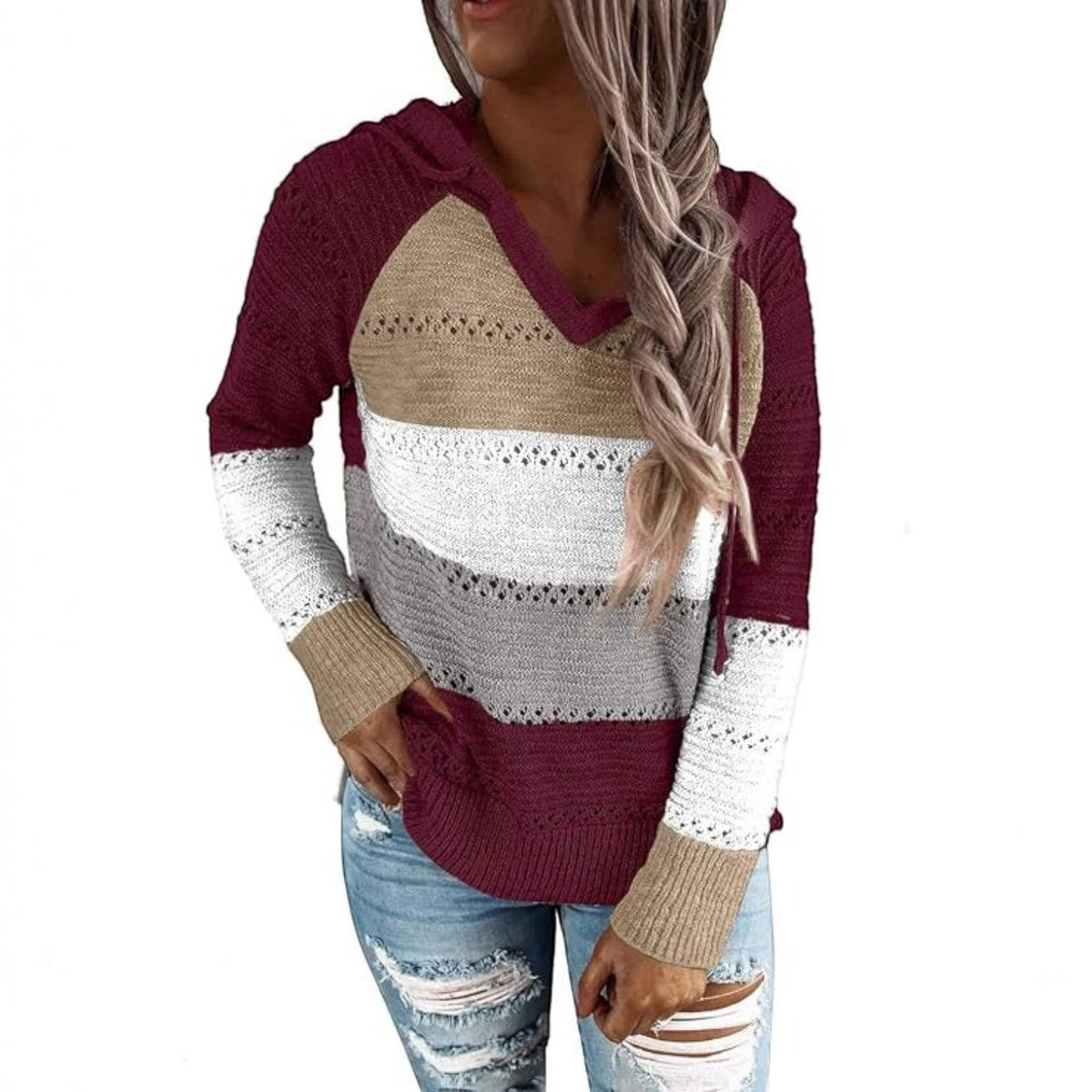 Womens Striped Crochet Sweater Hoodie, Long Sleeve Colorblock Lightweight Knit Pullover