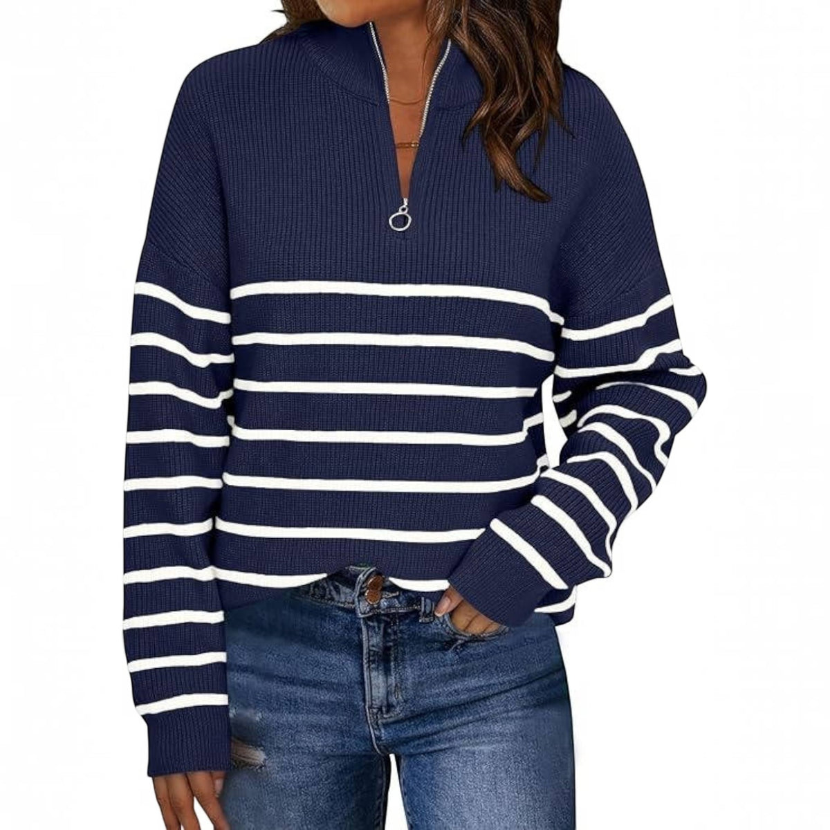 Womens Striped Quarter Zip Sweater - Oversized Mock Neck Knit Pullover