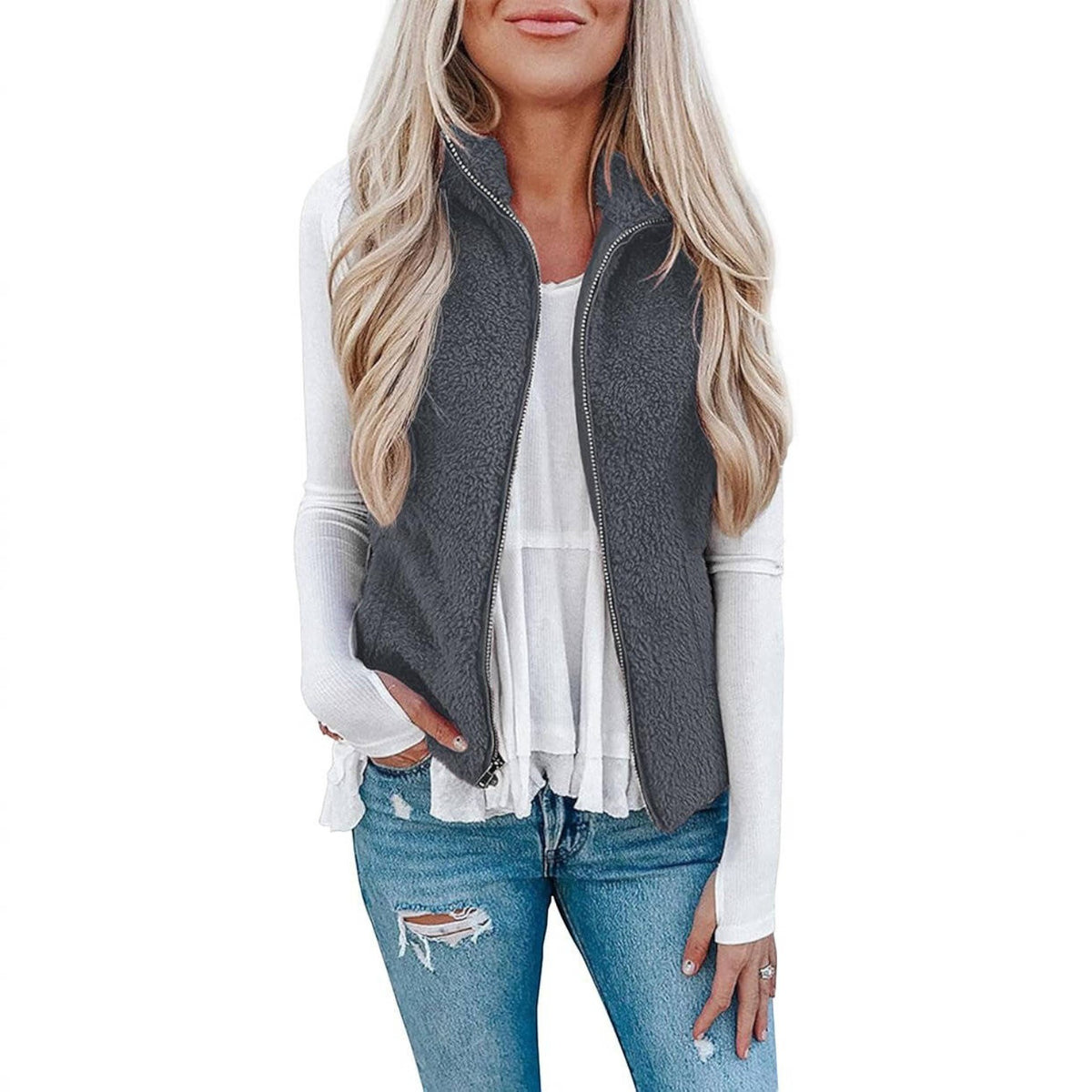 Womens Sherpa Fleece Vest, Fuzzy Lightweight Sleeveless Zipper Jacket with Pockets