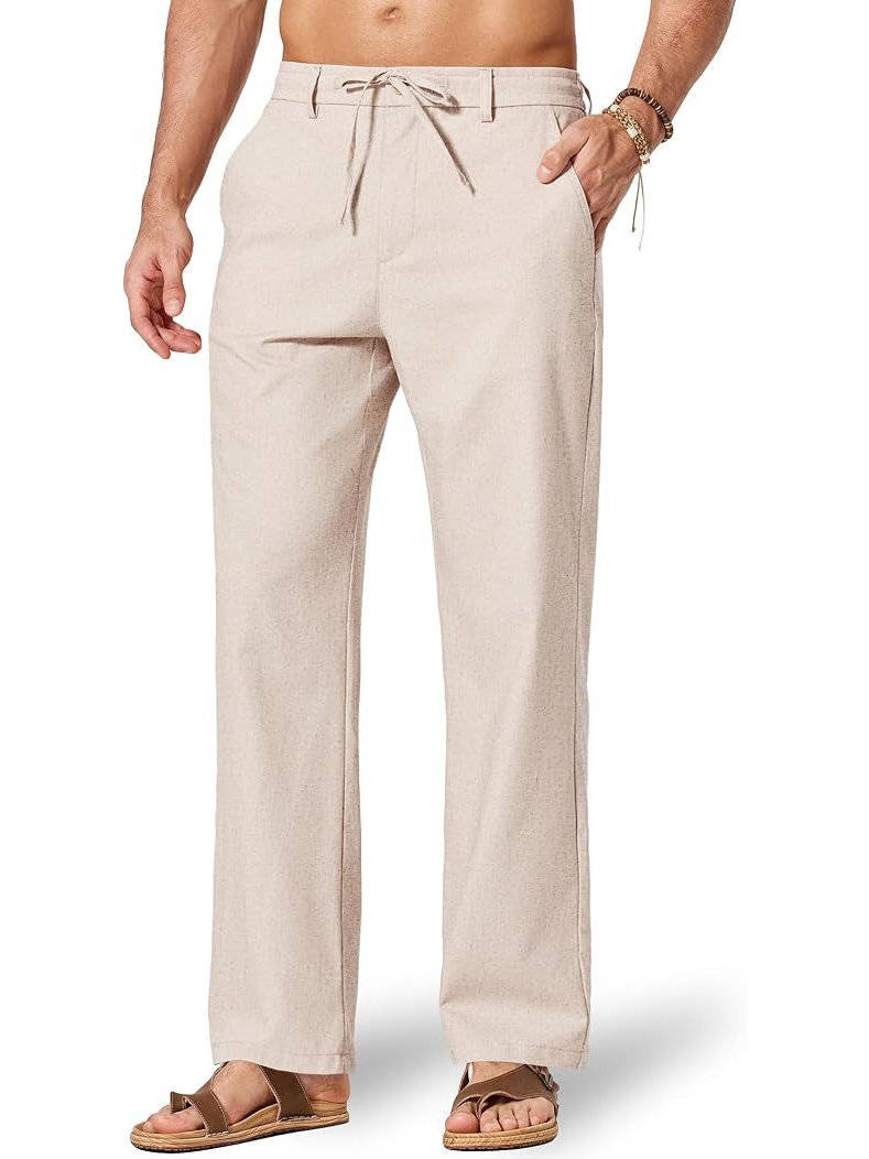 Mens Cotton Linen Pants, Relaxed Fit Drawstring Beach Summer Dress Trousers