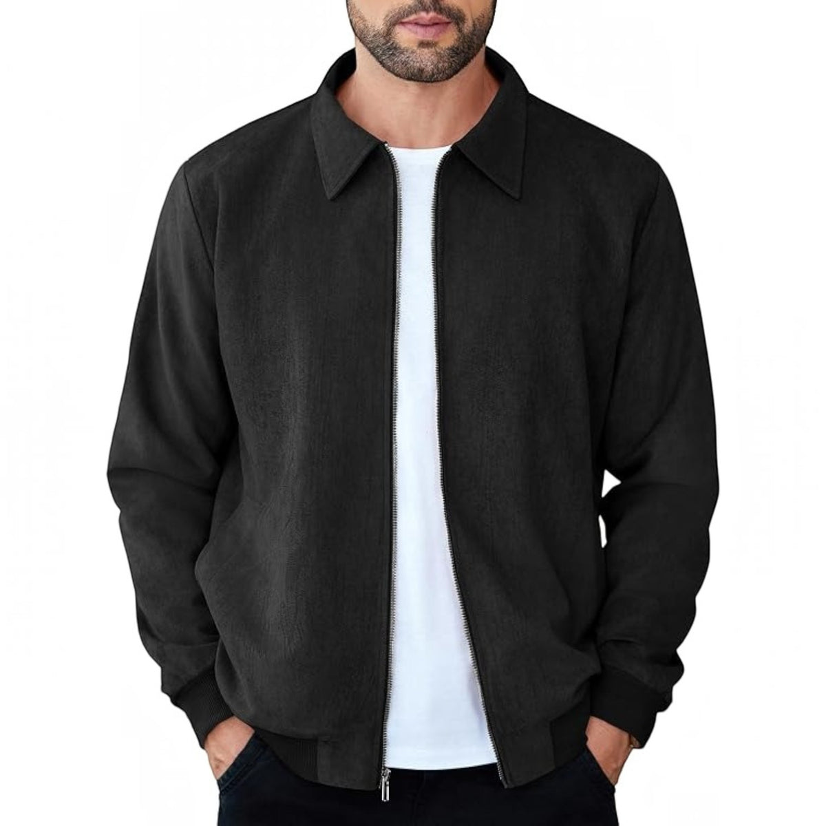 Mens Faux Suede Bomber Jacket - Lightweight Zip Up Fall Jacket