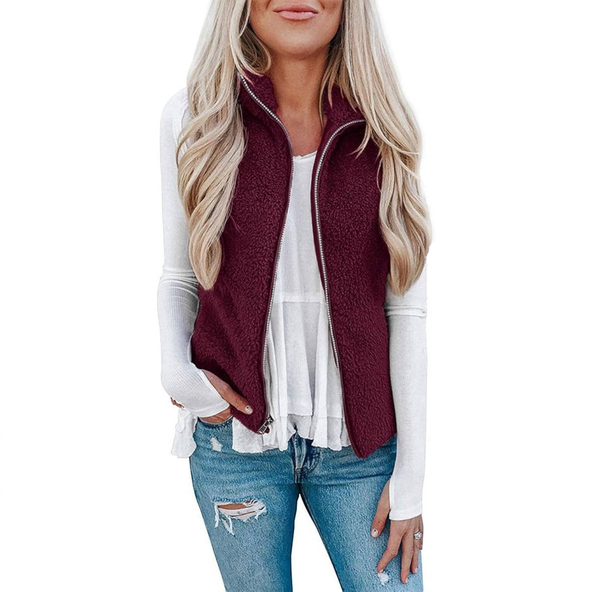 Womens Sherpa Fleece Vest, Fuzzy Lightweight Sleeveless Zipper Jacket with Pockets
