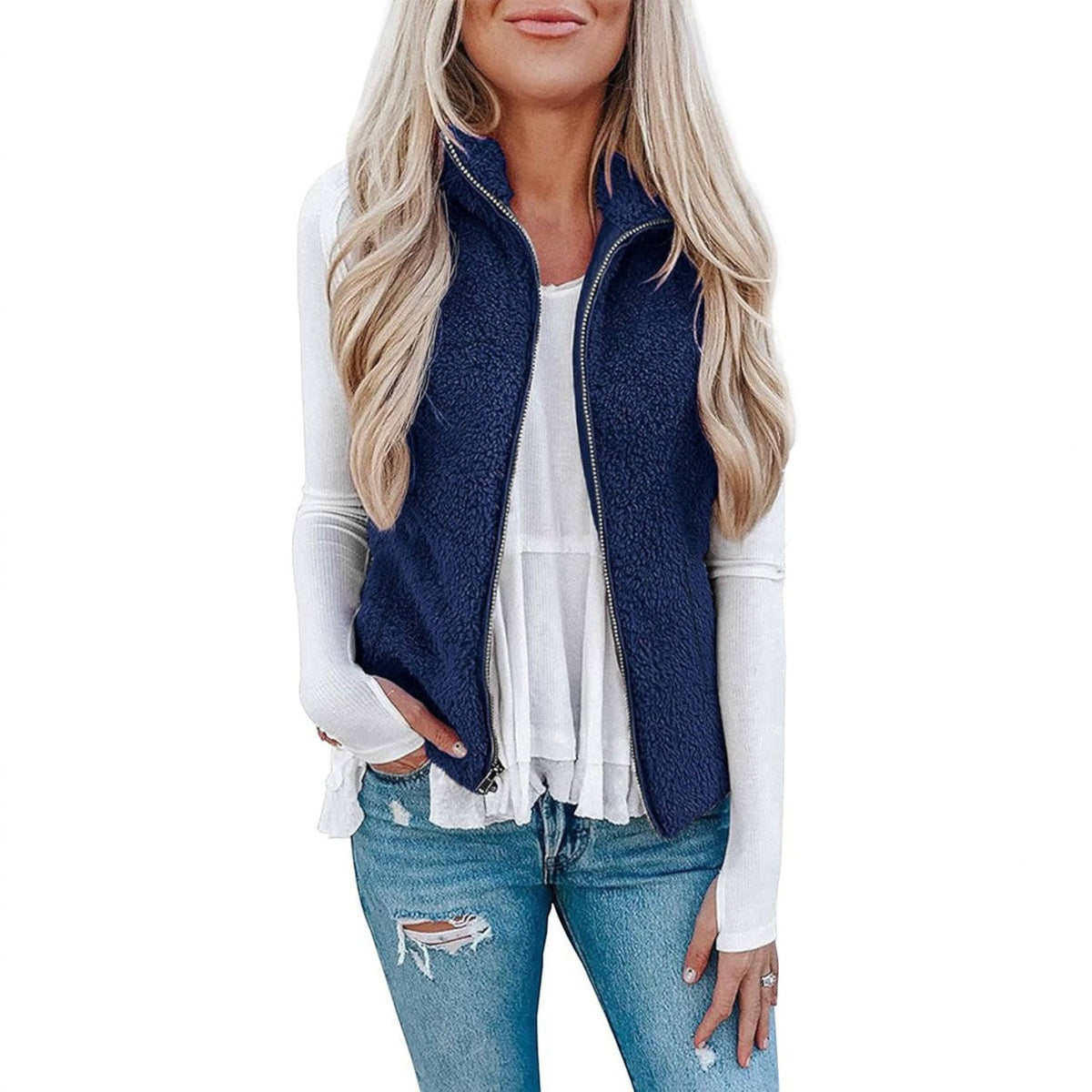 Womens Sherpa Fleece Vest, Fuzzy Lightweight Sleeveless Zipper Jacket with Pockets