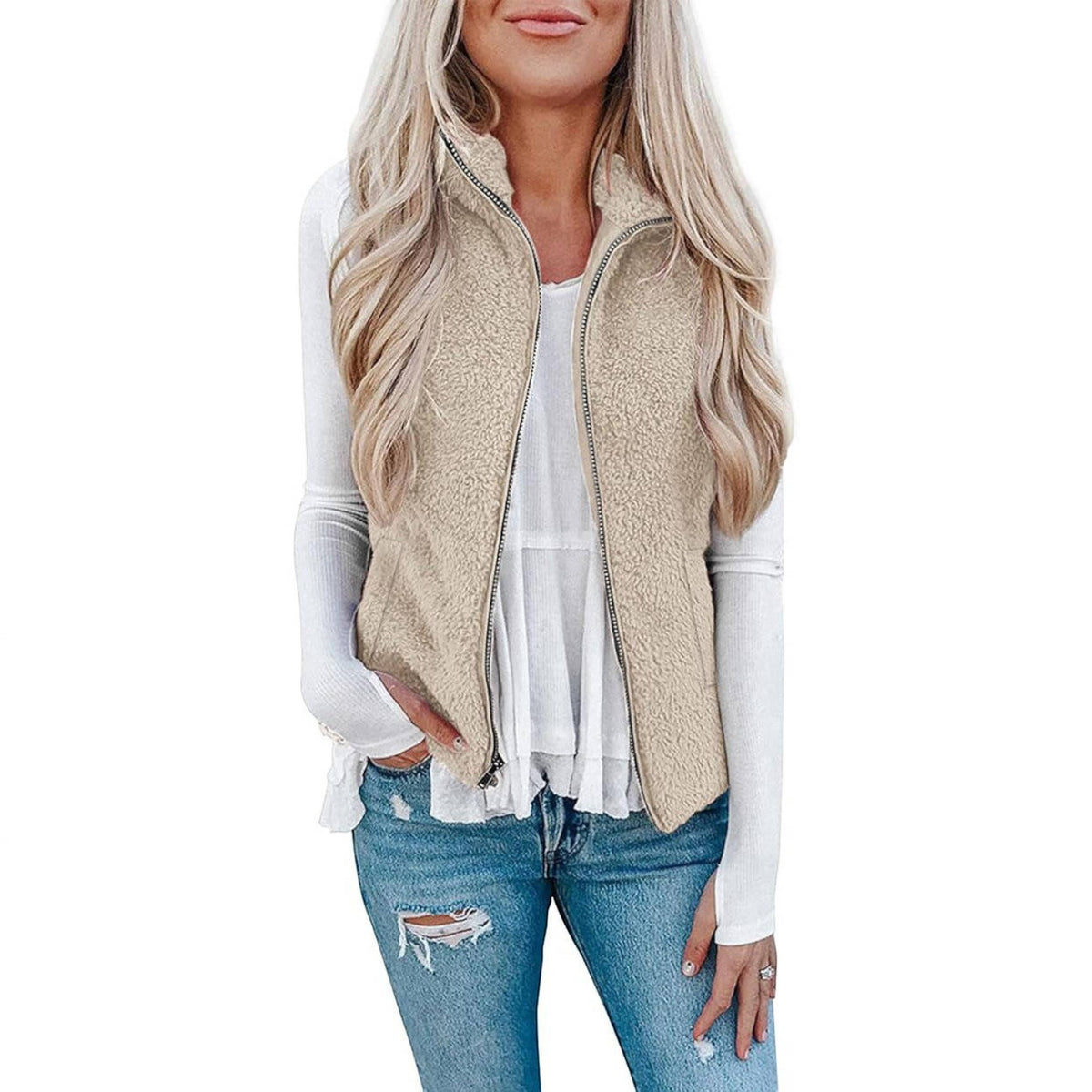 Womens Sherpa Fleece Vest, Fuzzy Lightweight Sleeveless Zipper Jacket with Pockets