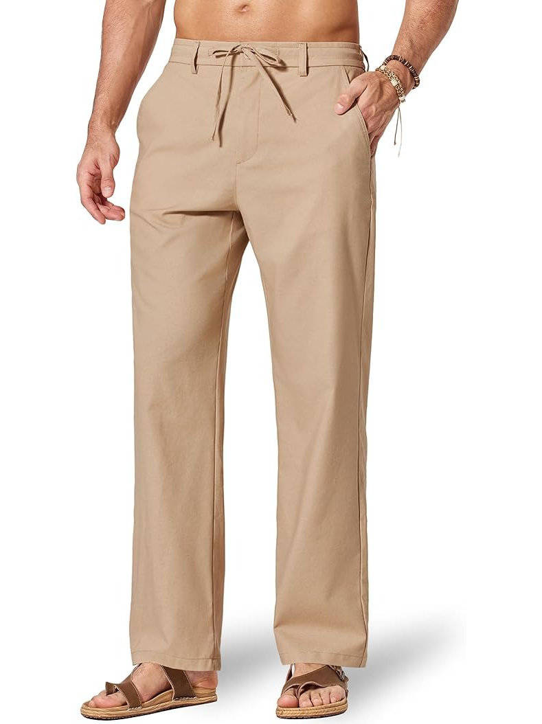 Mens Cotton Linen Pants, Relaxed Fit Drawstring Beach Summer Dress Trousers